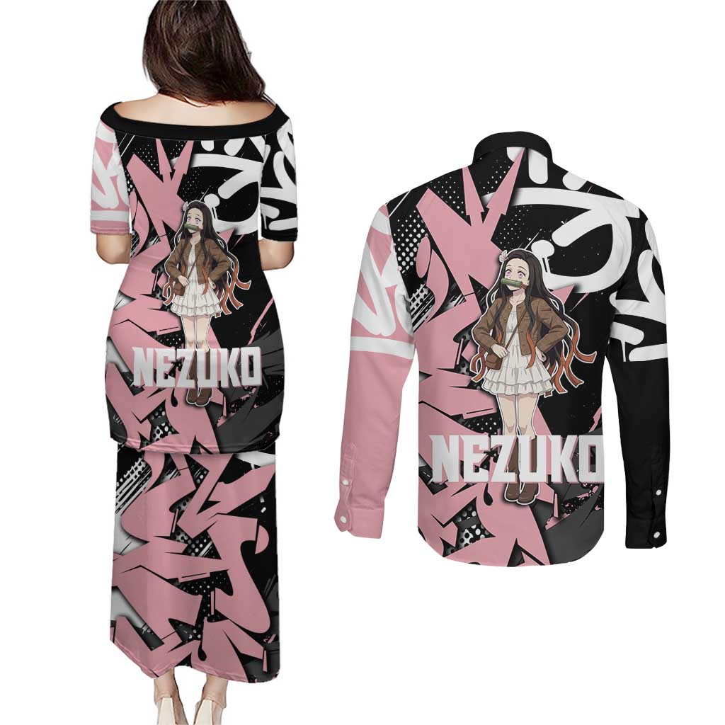 Kamado Nezuko Demon Slayer Couples Matching Puletasi and Long Sleeve Button Shirt Pink & Black Graffiti Anime Graphic