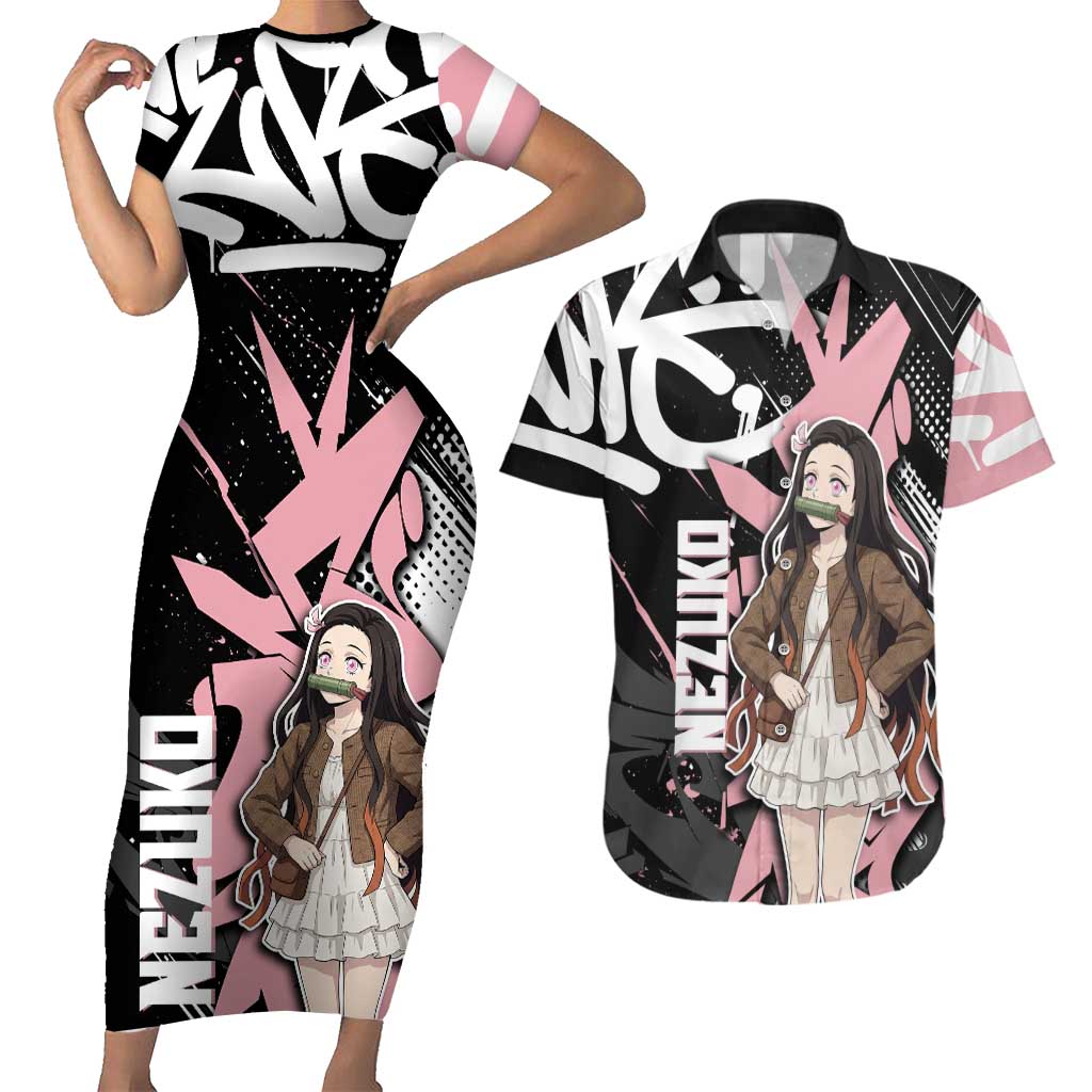 Kamado Nezuko Demon Slayer Couples Matching Short Sleeve Bodycon Dress and Hawaiian Shirt Pink & Black Graffiti Anime Graphic