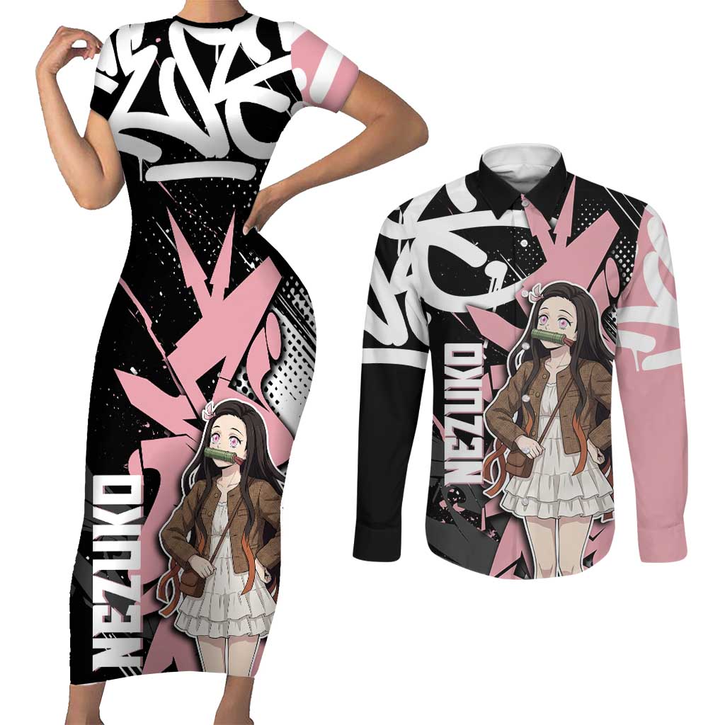 Kamado Nezuko Demon Slayer Couples Matching Short Sleeve Bodycon Dress and Long Sleeve Button Shirt Pink & Black Graffiti Anime Graphic
