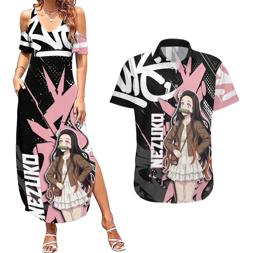 Kamado Nezuko Demon Slayer Couples Matching Summer Maxi Dress and Hawaiian Shirt Pink & Black Graffiti Anime Graphic