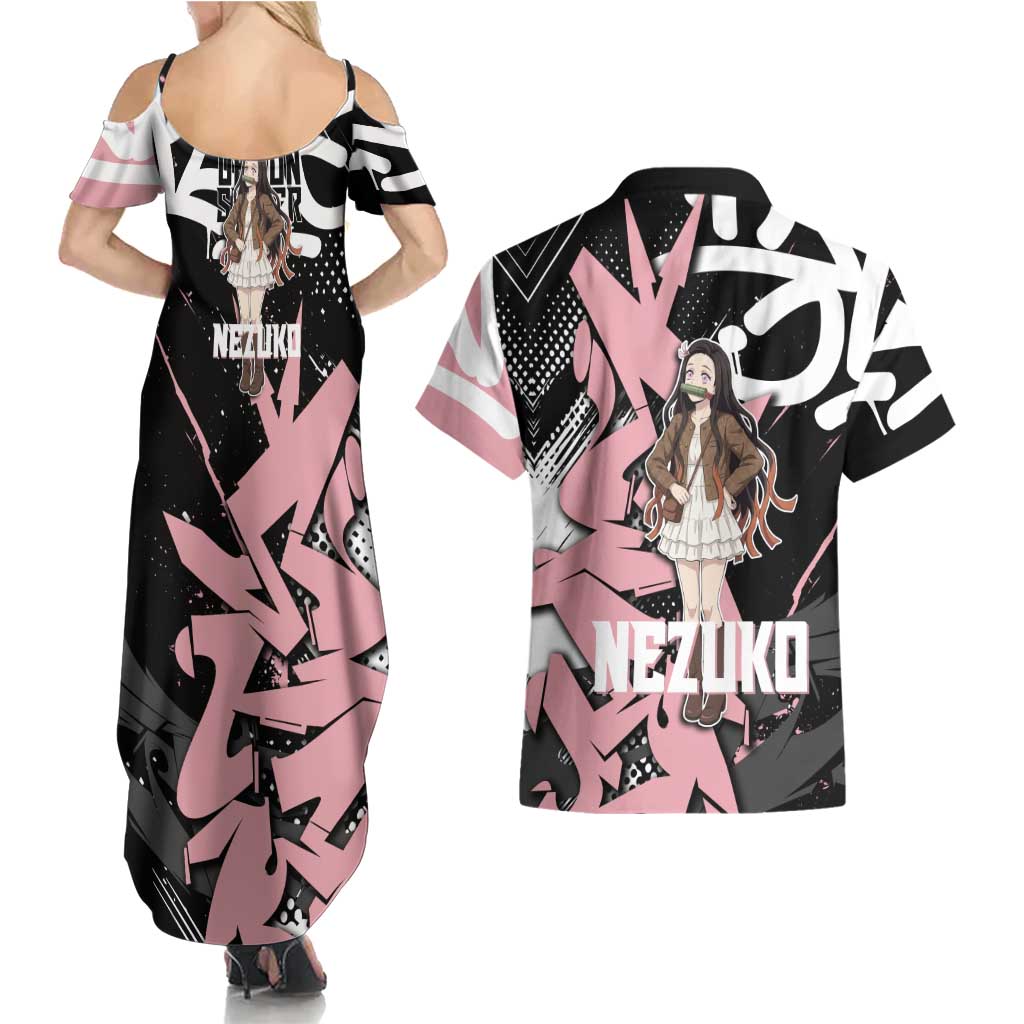 Kamado Nezuko Demon Slayer Couples Matching Summer Maxi Dress and Hawaiian Shirt Pink & Black Graffiti Anime Graphic