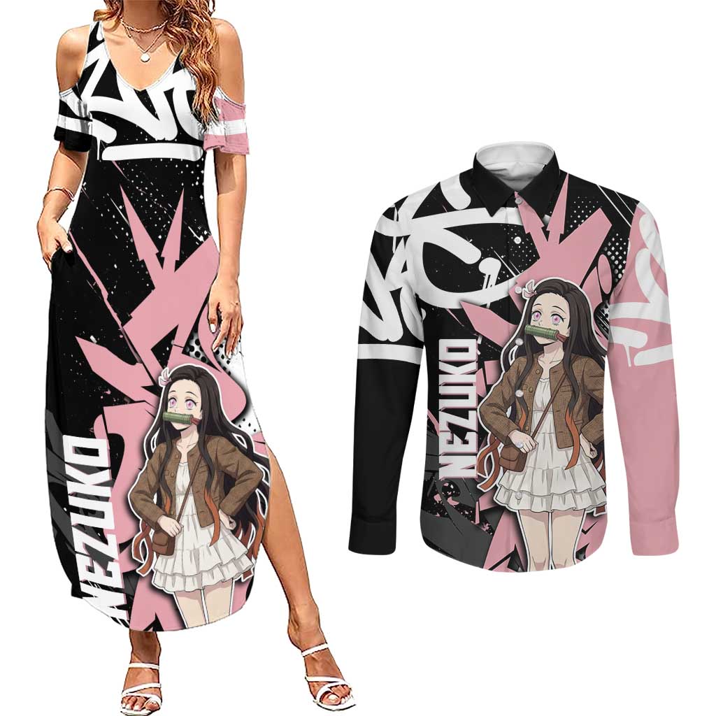 Kamado Nezuko Demon Slayer Couples Matching Summer Maxi Dress and Long Sleeve Button Shirt Pink & Black Graffiti Anime Graphic