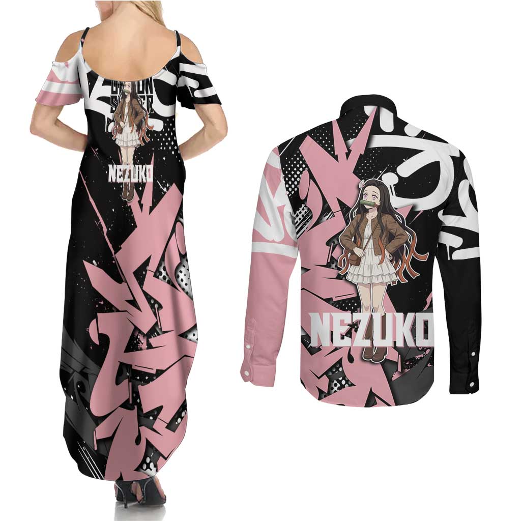 Kamado Nezuko Demon Slayer Couples Matching Summer Maxi Dress and Long Sleeve Button Shirt Pink & Black Graffiti Anime Graphic