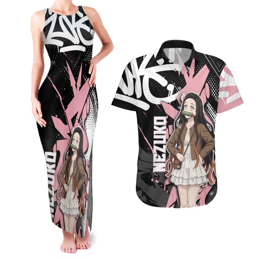 Kamado Nezuko Demon Slayer Couples Matching Tank Maxi Dress and Hawaiian Shirt Pink & Black Graffiti Anime Graphic