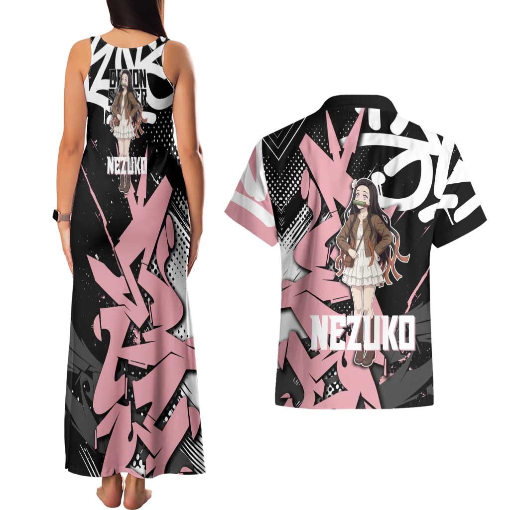 Kamado Nezuko Demon Slayer Couples Matching Tank Maxi Dress and Hawaiian Shirt Pink & Black Graffiti Anime Graphic