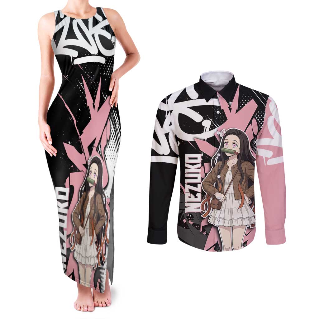 Kamado Nezuko Demon Slayer Couples Matching Tank Maxi Dress and Long Sleeve Button Shirt Pink & Black Graffiti Anime Graphic