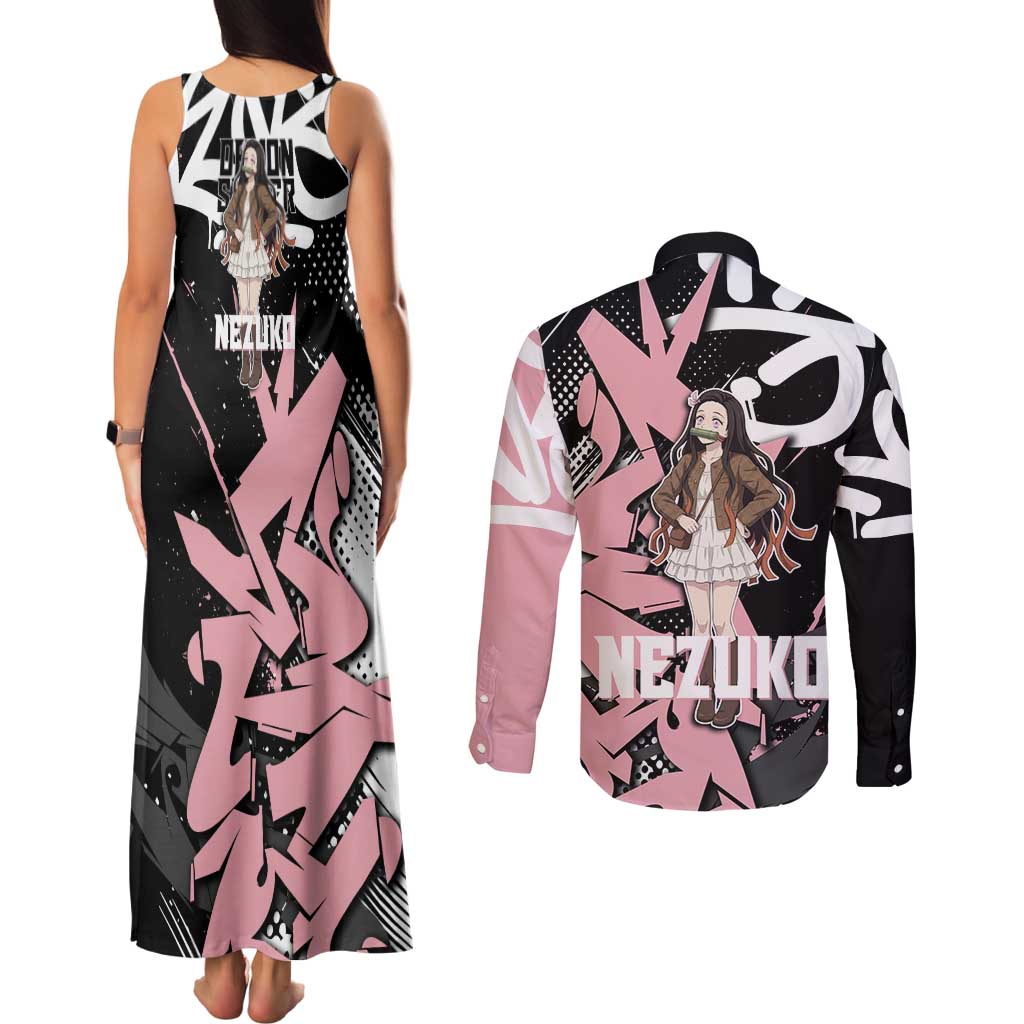 Kamado Nezuko Demon Slayer Couples Matching Tank Maxi Dress and Long Sleeve Button Shirt Pink & Black Graffiti Anime Graphic