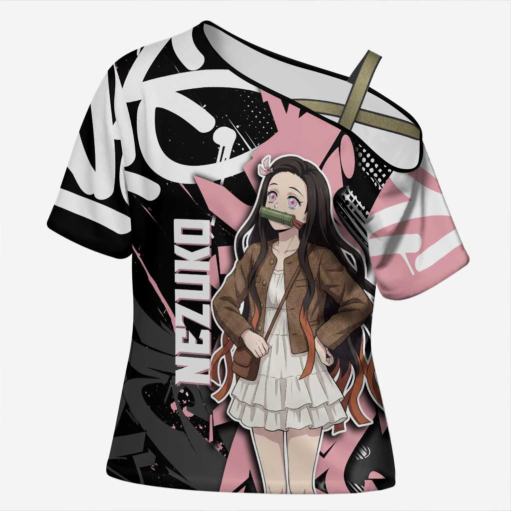 Kamado Nezuko Demon Slayer Cross Shoulder Shirt Pink & Black Graffiti Anime Graphic