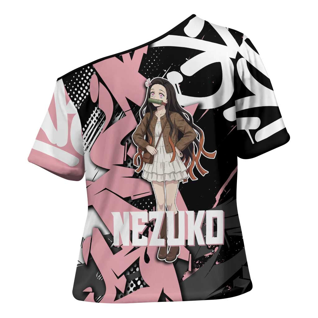 Kamado Nezuko Demon Slayer Cross Shoulder Shirt Pink & Black Graffiti Anime Graphic