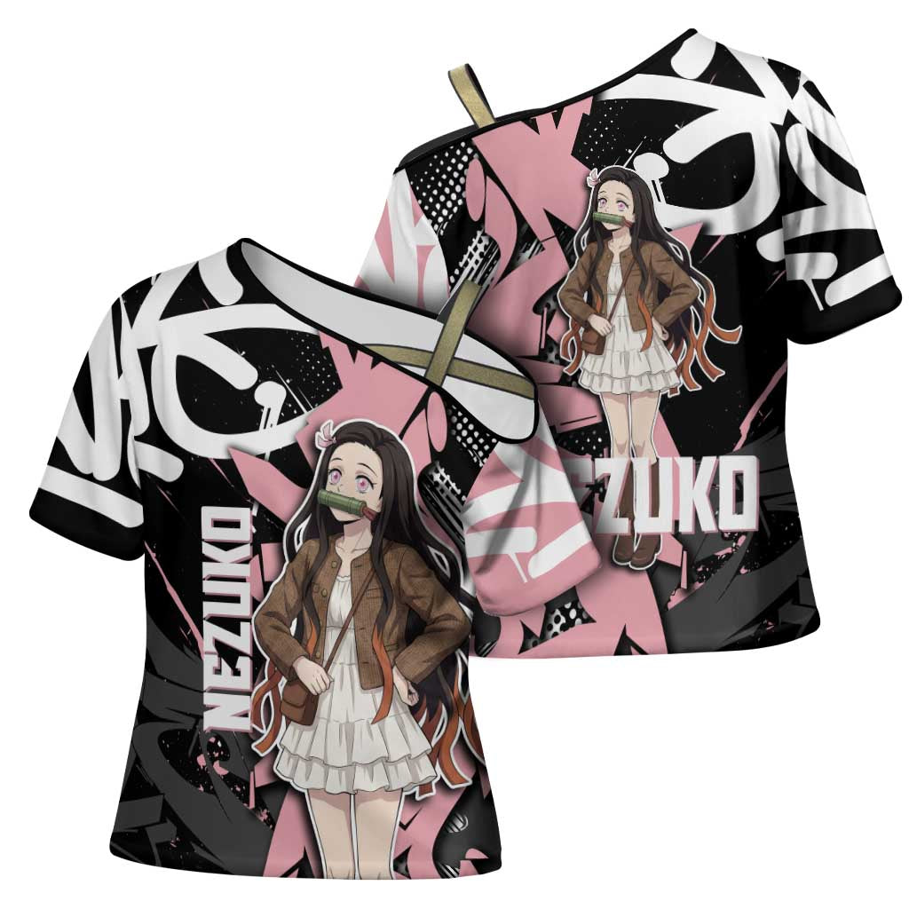 Kamado Nezuko Demon Slayer Cross Shoulder Shirt Pink & Black Graffiti Anime Graphic