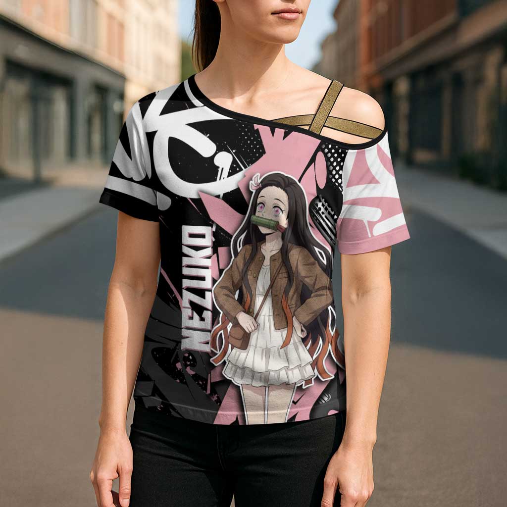 Kamado Nezuko Demon Slayer Cross Shoulder Shirt Pink & Black Graffiti Anime Graphic