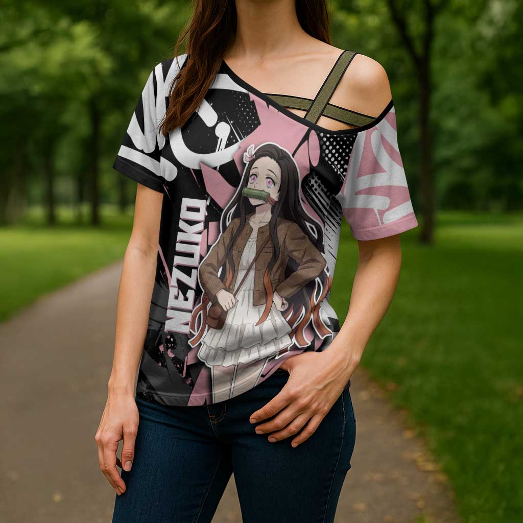 Kamado Nezuko Demon Slayer Cross Shoulder Shirt Pink & Black Graffiti Anime Graphic