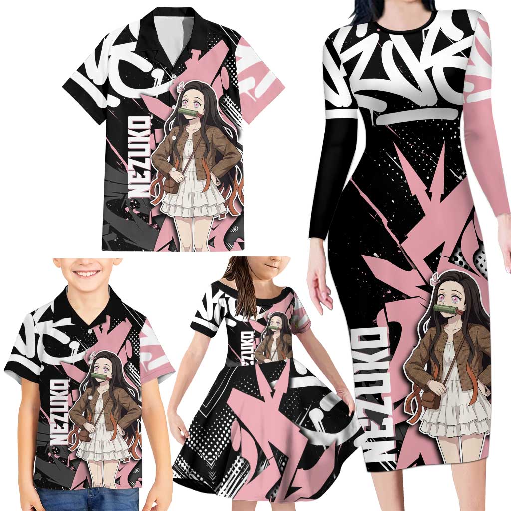 Kamado Nezuko Demon Slayer Family Matching Long Sleeve Bodycon Dress and Hawaiian Shirt Pink & Black Graffiti Anime Graphic