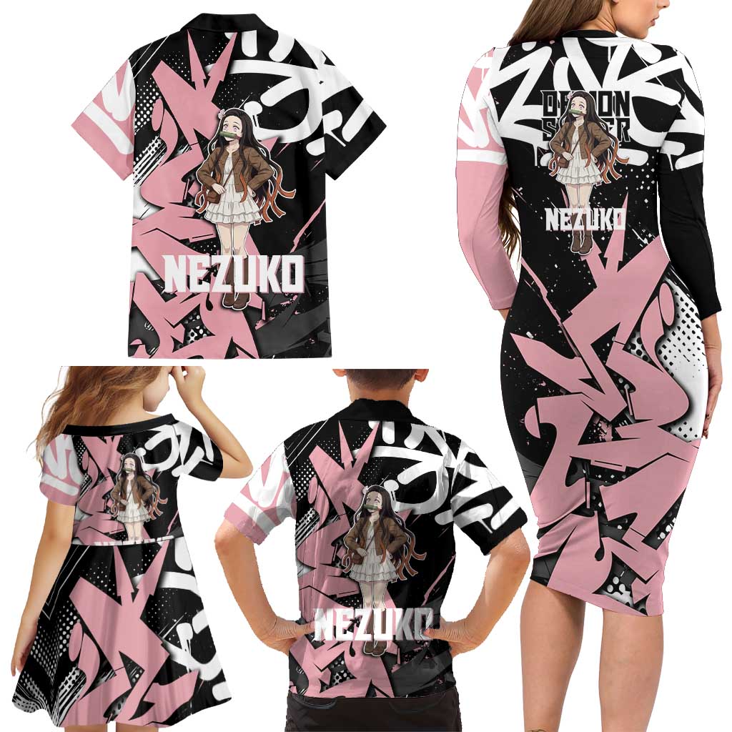 Kamado Nezuko Demon Slayer Family Matching Long Sleeve Bodycon Dress and Hawaiian Shirt Pink & Black Graffiti Anime Graphic