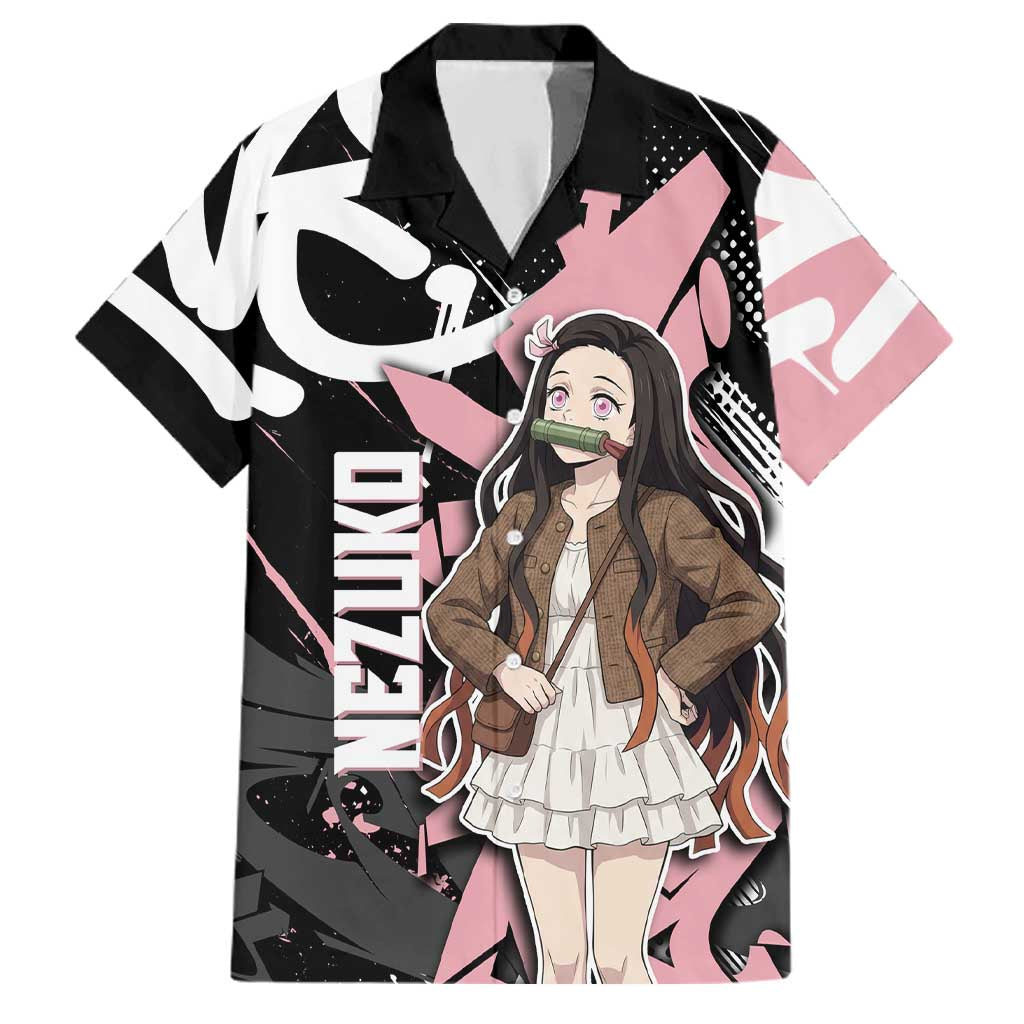 Kamado Nezuko Demon Slayer Family Matching Long Sleeve Bodycon Dress and Hawaiian Shirt Pink & Black Graffiti Anime Graphic
