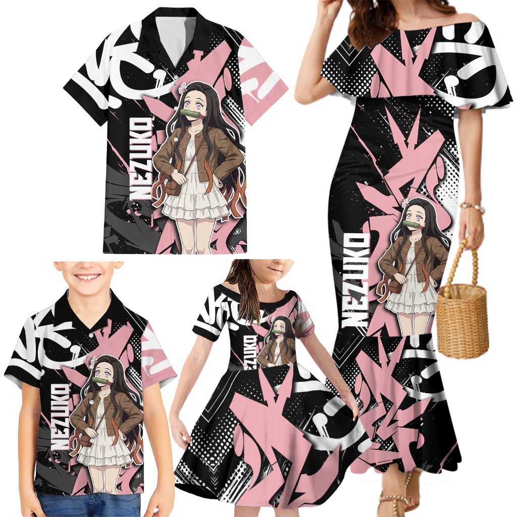 Kamado Nezuko Demon Slayer Family Matching Mermaid Dress and Hawaiian Shirt Pink & Black Graffiti Anime Graphic