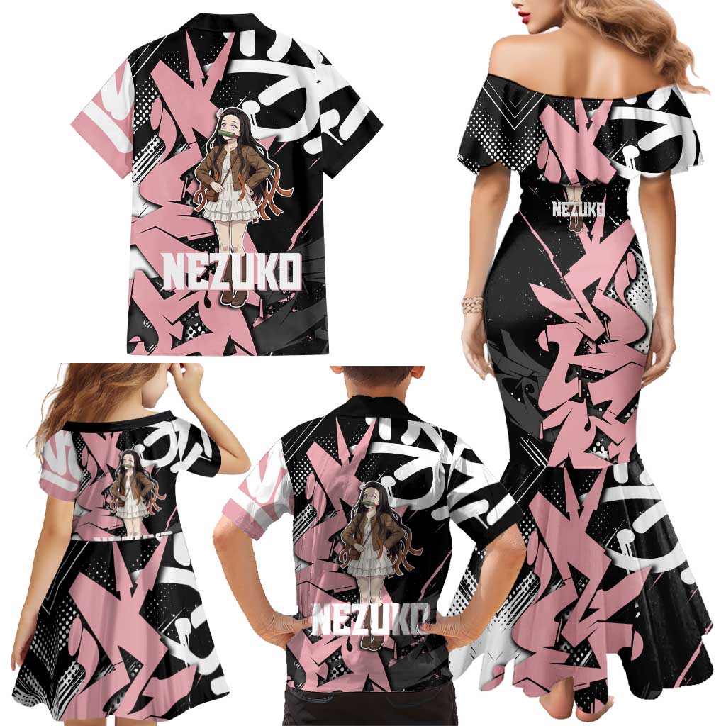 Kamado Nezuko Demon Slayer Family Matching Mermaid Dress and Hawaiian Shirt Pink & Black Graffiti Anime Graphic