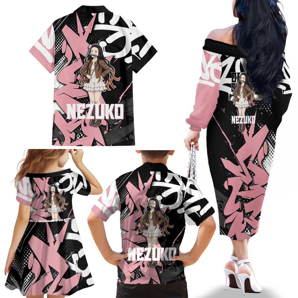 Kamado Nezuko Demon Slayer Family Matching Off The Shoulder Long Sleeve Dress and Hawaiian Shirt Pink & Black Graffiti Anime Graphic