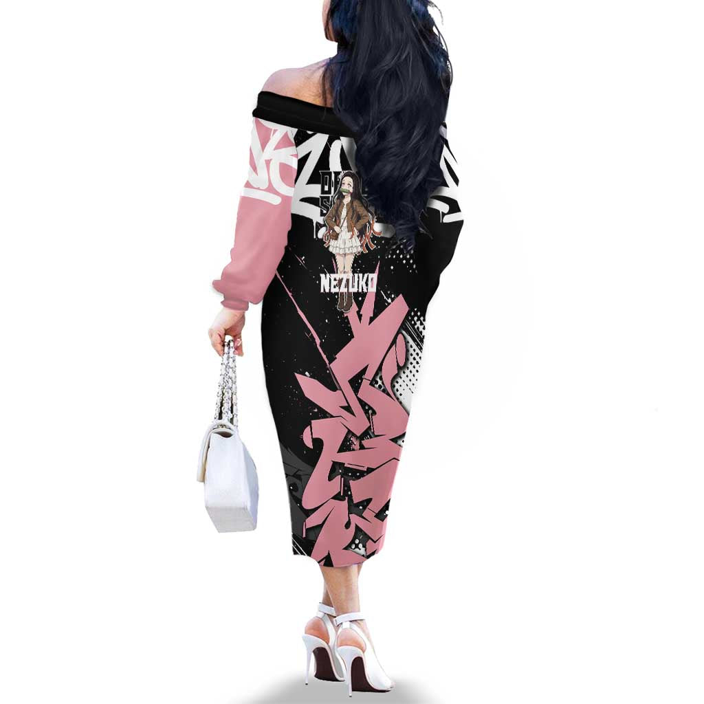 Kamado Nezuko Demon Slayer Family Matching Off The Shoulder Long Sleeve Dress and Hawaiian Shirt Pink & Black Graffiti Anime Graphic