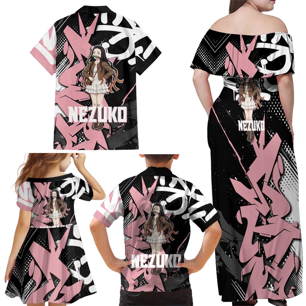Kamado Nezuko Demon Slayer Family Matching Off Shoulder Maxi Dress and Hawaiian Shirt Pink & Black Graffiti Anime Graphic