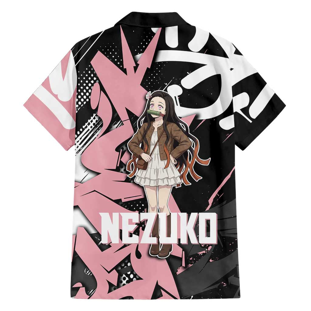 Kamado Nezuko Demon Slayer Family Matching Off Shoulder Maxi Dress and Hawaiian Shirt Pink & Black Graffiti Anime Graphic