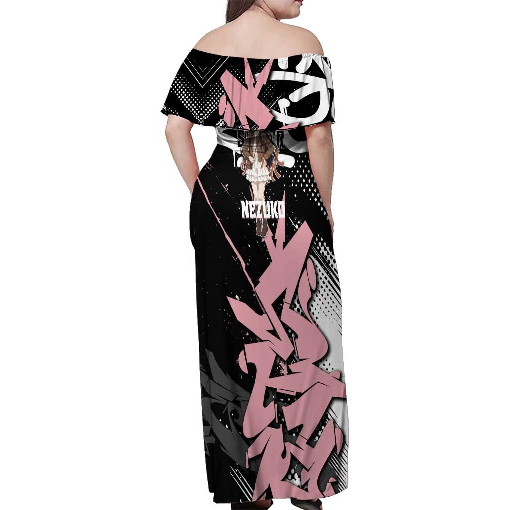 Kamado Nezuko Demon Slayer Family Matching Off Shoulder Maxi Dress and Hawaiian Shirt Pink & Black Graffiti Anime Graphic