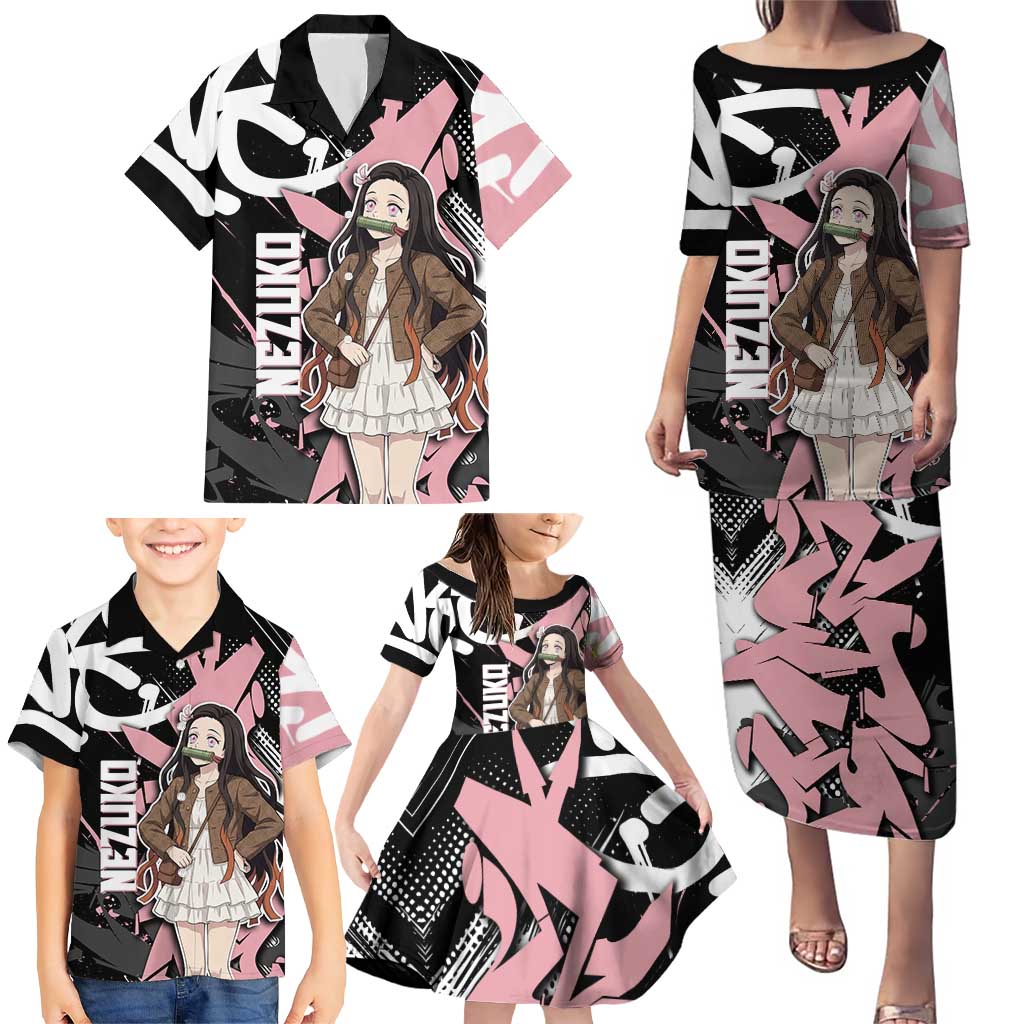 Kamado Nezuko Demon Slayer Family Matching Puletasi and Hawaiian Shirt Pink & Black Graffiti Anime Graphic