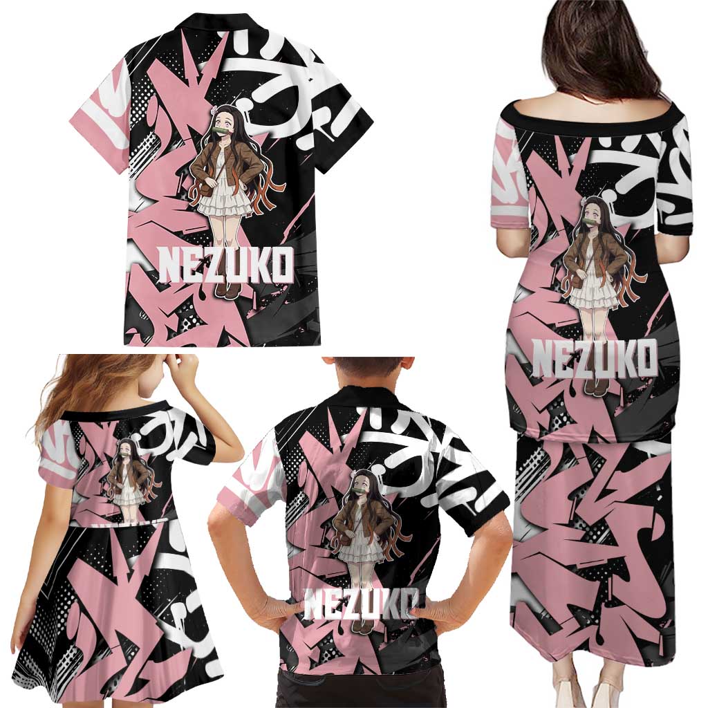 Kamado Nezuko Demon Slayer Family Matching Puletasi and Hawaiian Shirt Pink & Black Graffiti Anime Graphic