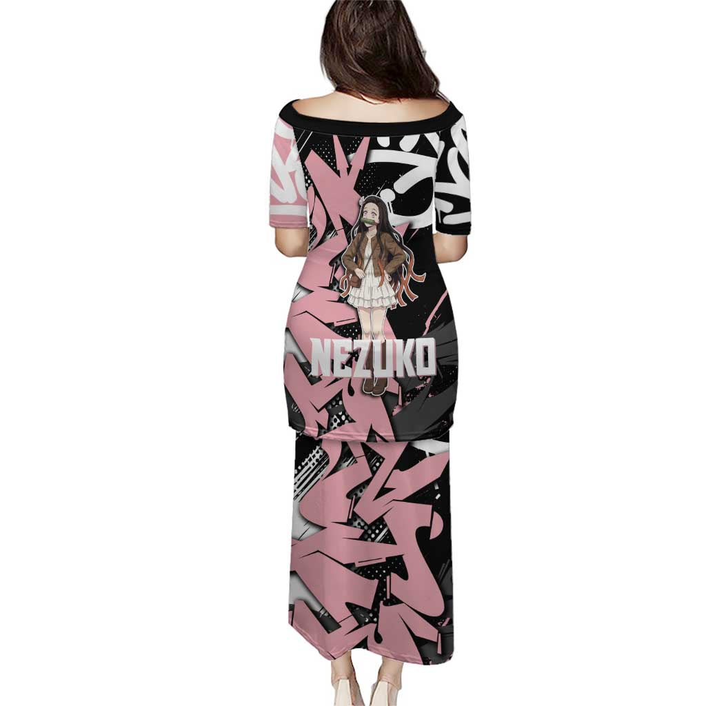 Kamado Nezuko Demon Slayer Family Matching Puletasi and Hawaiian Shirt Pink & Black Graffiti Anime Graphic