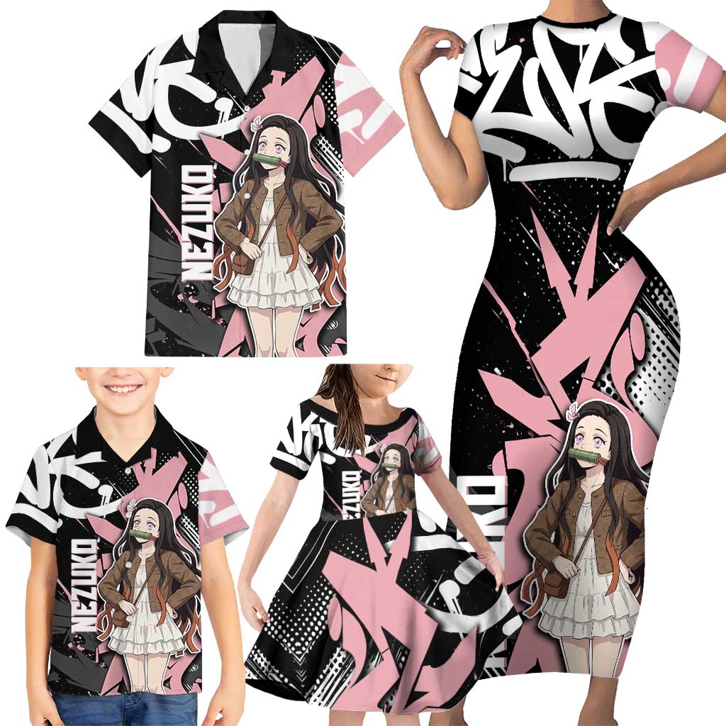 Kamado Nezuko Demon Slayer Family Matching Short Sleeve Bodycon Dress and Hawaiian Shirt Pink & Black Graffiti Anime Graphic
