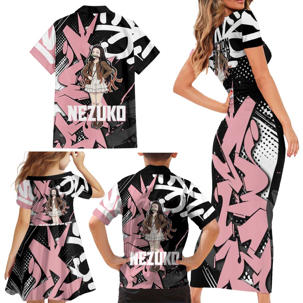 Kamado Nezuko Demon Slayer Family Matching Short Sleeve Bodycon Dress and Hawaiian Shirt Pink & Black Graffiti Anime Graphic