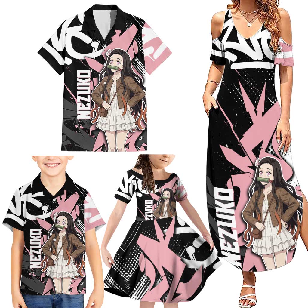 Kamado Nezuko Demon Slayer Family Matching Summer Maxi Dress and Hawaiian Shirt Pink & Black Graffiti Anime Graphic