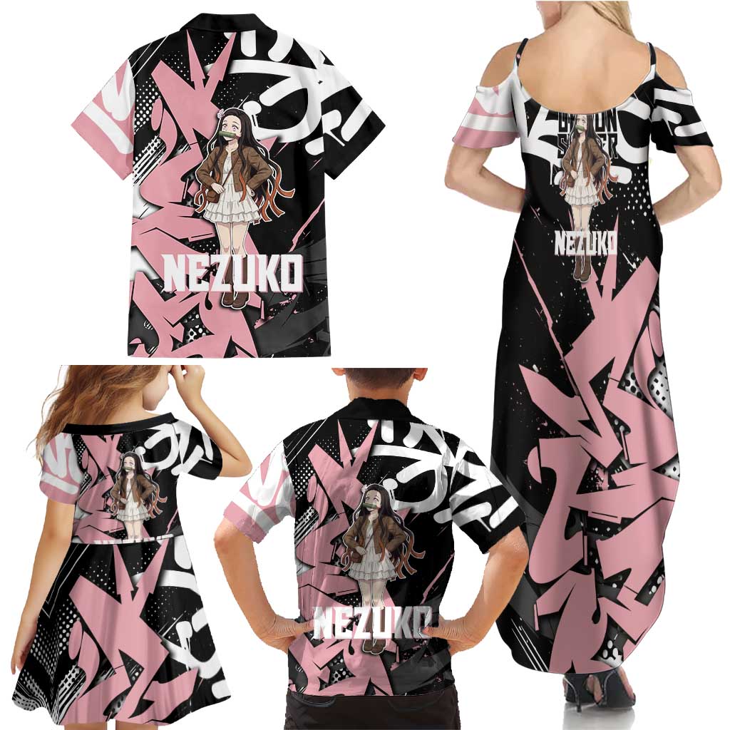 Kamado Nezuko Demon Slayer Family Matching Summer Maxi Dress and Hawaiian Shirt Pink & Black Graffiti Anime Graphic