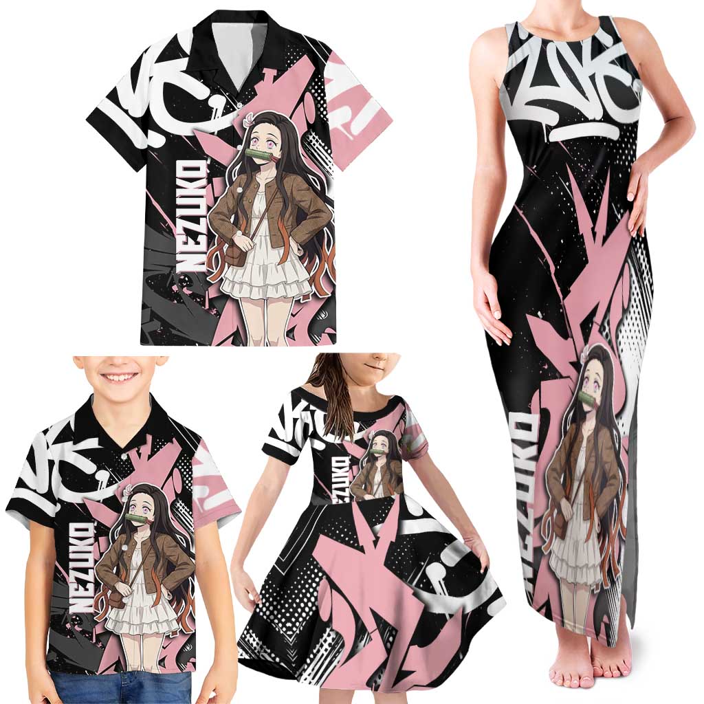 Kamado Nezuko Demon Slayer Family Matching Tank Maxi Dress and Hawaiian Shirt Pink & Black Graffiti Anime Graphic