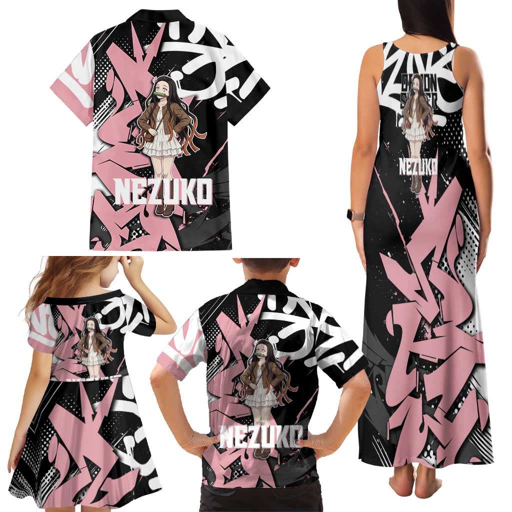 Kamado Nezuko Demon Slayer Family Matching Tank Maxi Dress and Hawaiian Shirt Pink & Black Graffiti Anime Graphic
