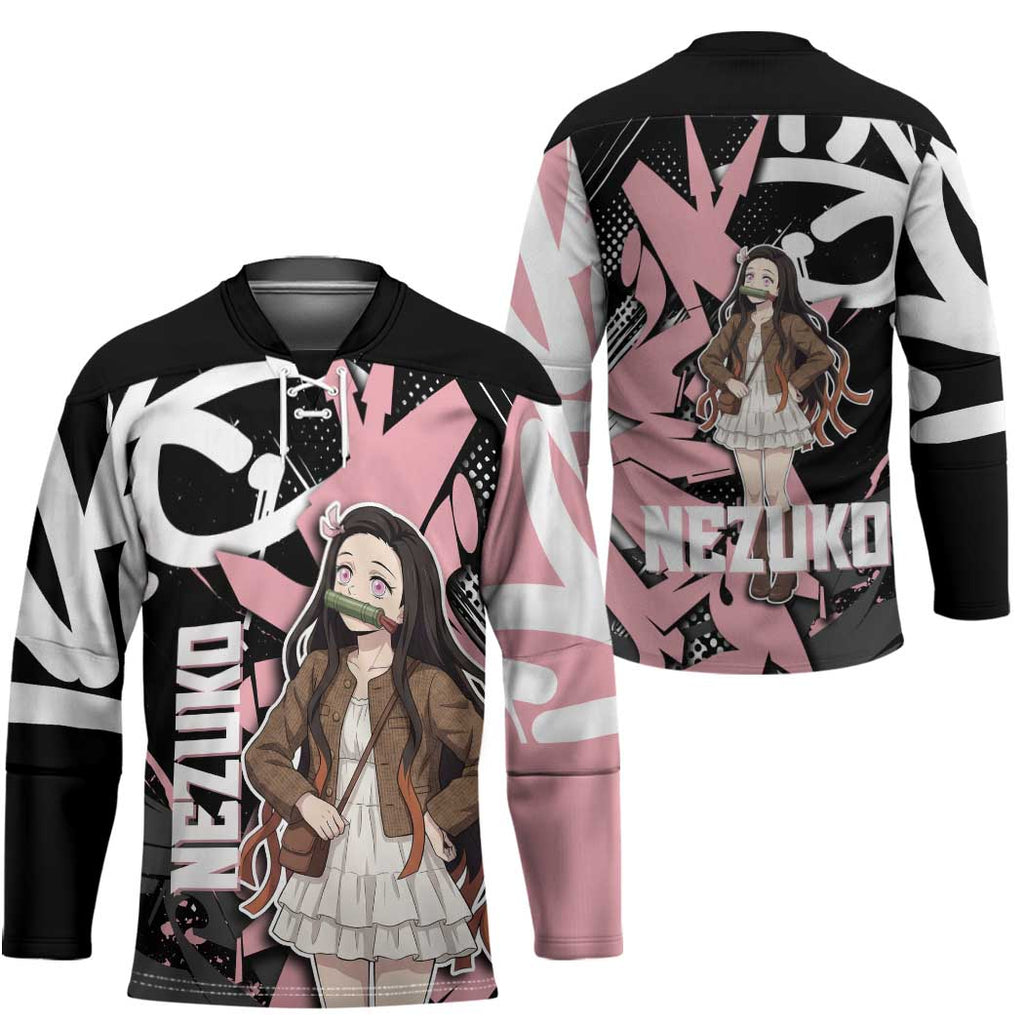 Kamado Nezuko Demon Slayer Hockey Jersey Pink & Black Graffiti Anime Graphic