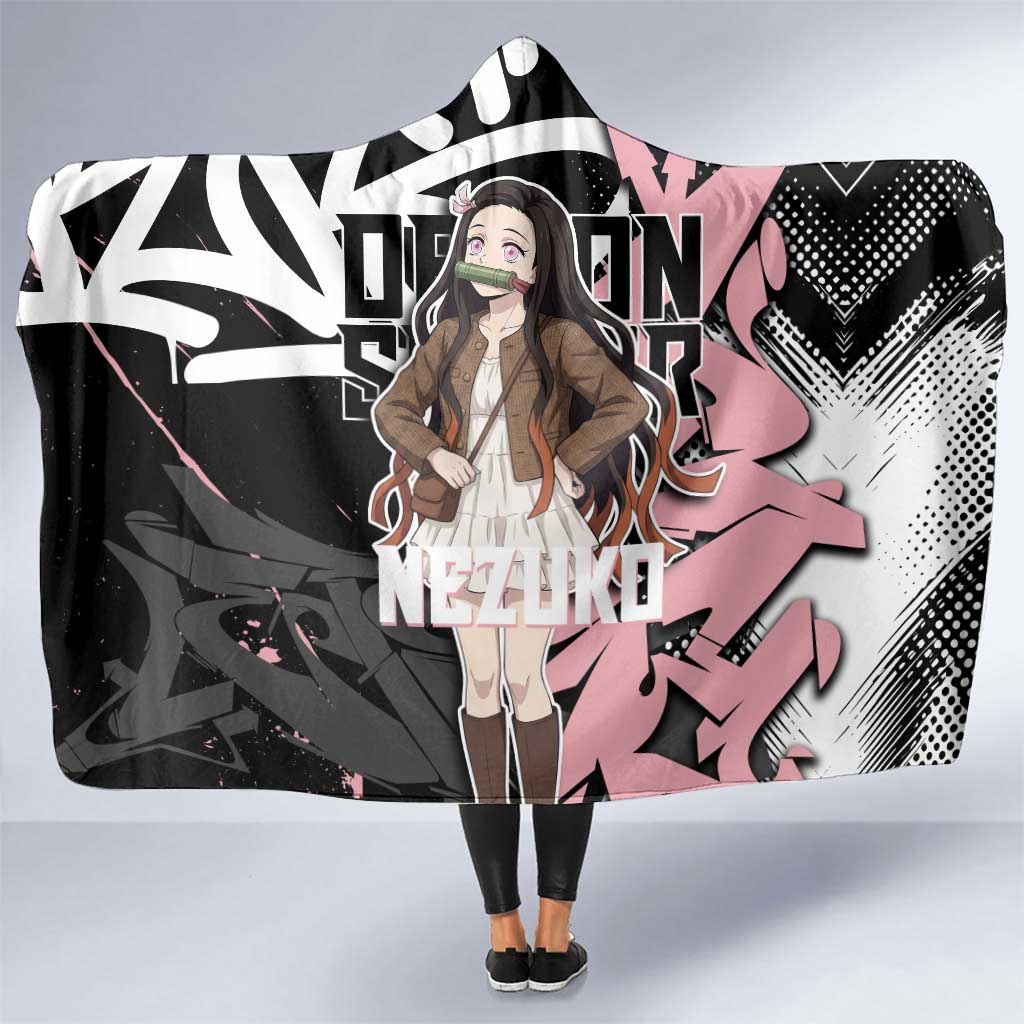 Kamado Nezuko Demon Slayer Hooded Blanket Pink & Black Graffiti Anime Graphic