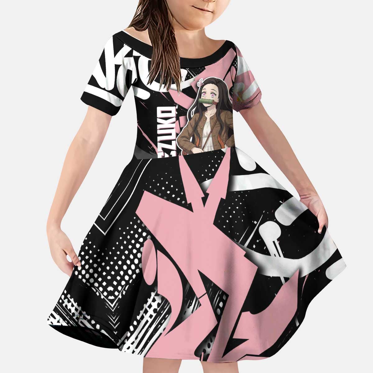 Kamado Nezuko Demon Slayer Kid Short Sleeve Dress Pink & Black Graffiti Anime Graphic