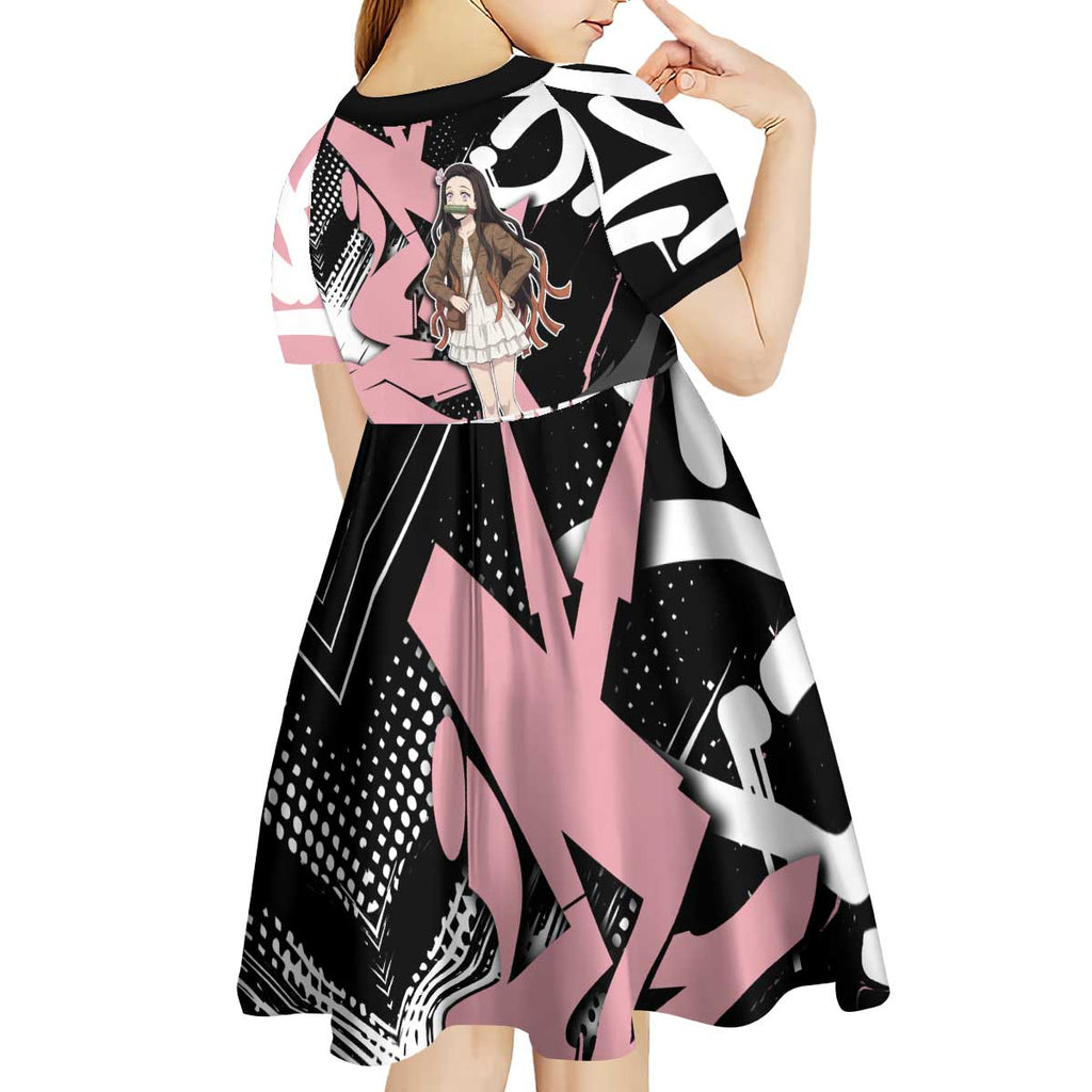 Kamado Nezuko Demon Slayer Kid Short Sleeve Dress Pink & Black Graffiti Anime Graphic