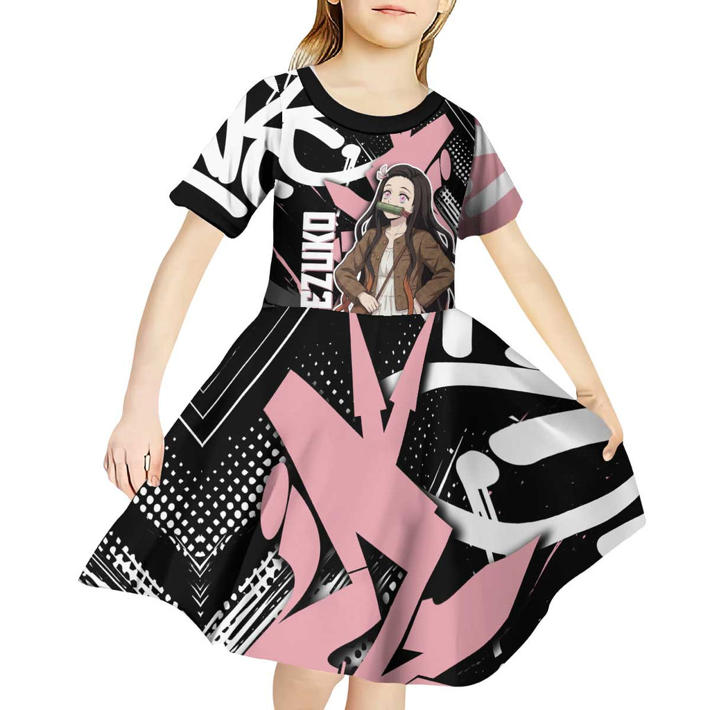 Kamado Nezuko Demon Slayer Kid Short Sleeve Dress Pink & Black Graffiti Anime Graphic