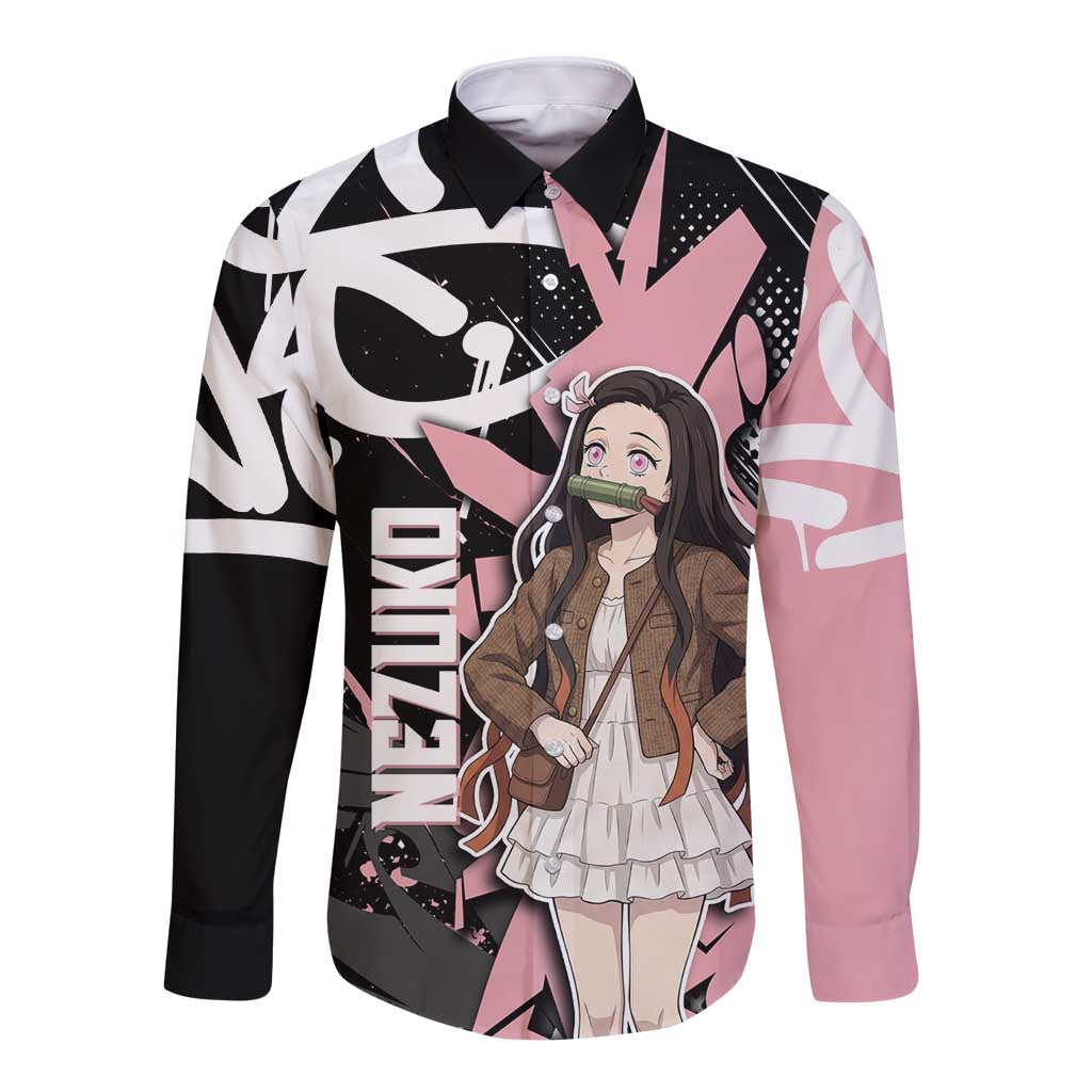 Kamado Nezuko Demon Slayer Long Sleeve Button Shirt Pink & Black Graffiti Anime Graphic