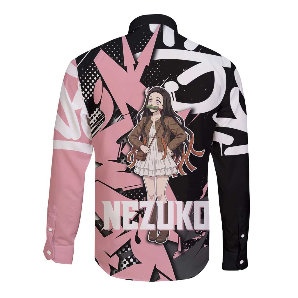 Kamado Nezuko Demon Slayer Long Sleeve Button Shirt Pink & Black Graffiti Anime Graphic