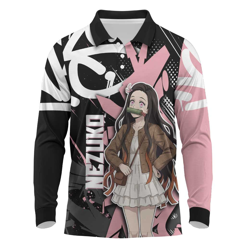 Kamado Nezuko Demon Slayer Long Sleeve Polo Shirt Pink & Black Graffiti Anime Graphic