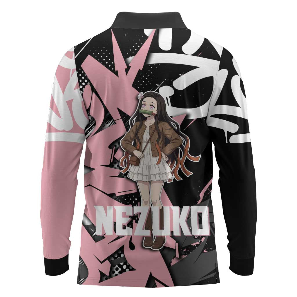 Kamado Nezuko Demon Slayer Long Sleeve Polo Shirt Pink & Black Graffiti Anime Graphic