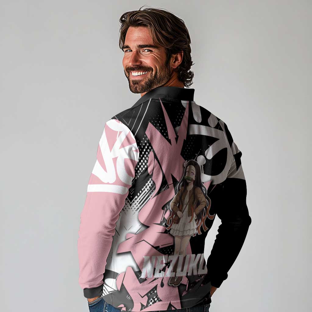 Kamado Nezuko Demon Slayer Long Sleeve Polo Shirt Pink & Black Graffiti Anime Graphic