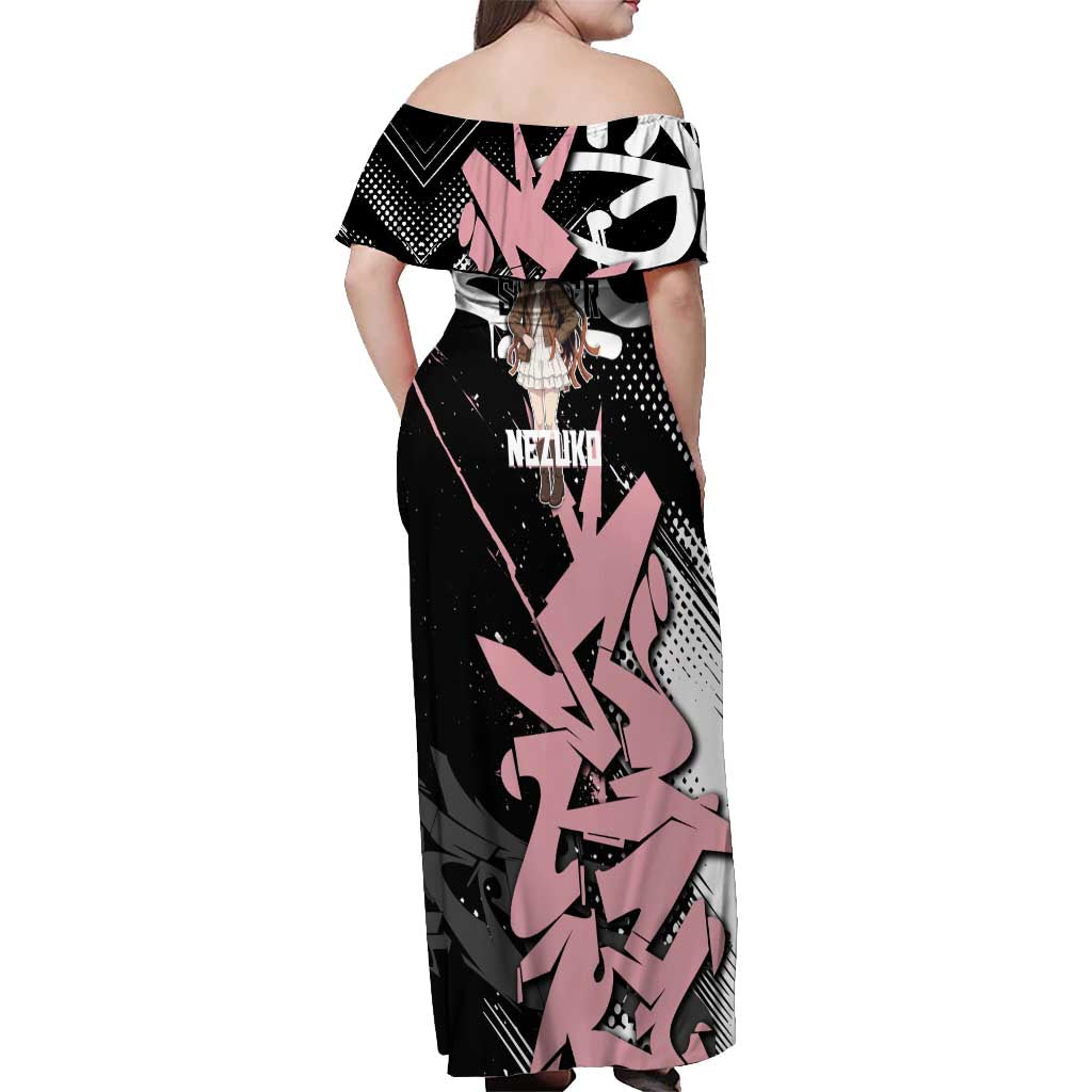 Kamado Nezuko Demon Slayer Off Shoulder Maxi Dress Pink & Black Graffiti Anime Graphic