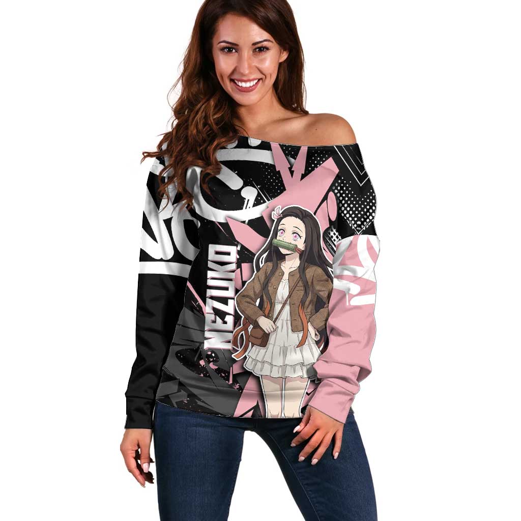 Kamado Nezuko Demon Slayer Off Shoulder Sweater Pink & Black Graffiti Anime Graphic
