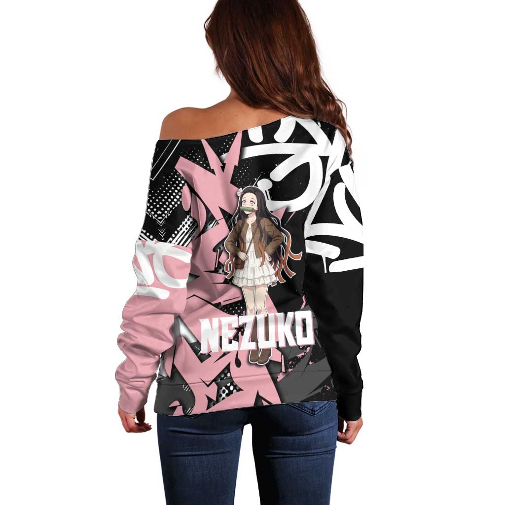 Kamado Nezuko Demon Slayer Off Shoulder Sweater Pink & Black Graffiti Anime Graphic