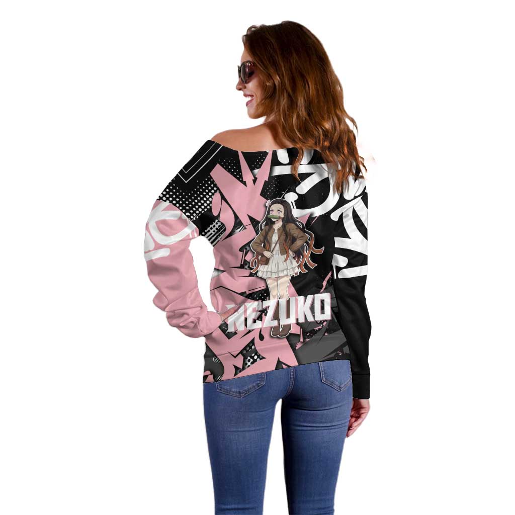 Kamado Nezuko Demon Slayer Off Shoulder Sweater Pink & Black Graffiti Anime Graphic