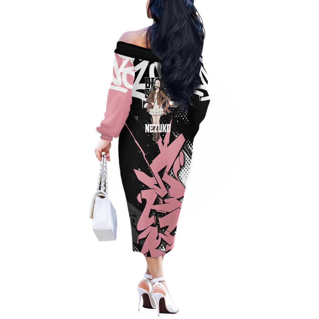 Kamado Nezuko Demon Slayer Off The Shoulder Long Sleeve Dress Pink & Black Graffiti Anime Graphic